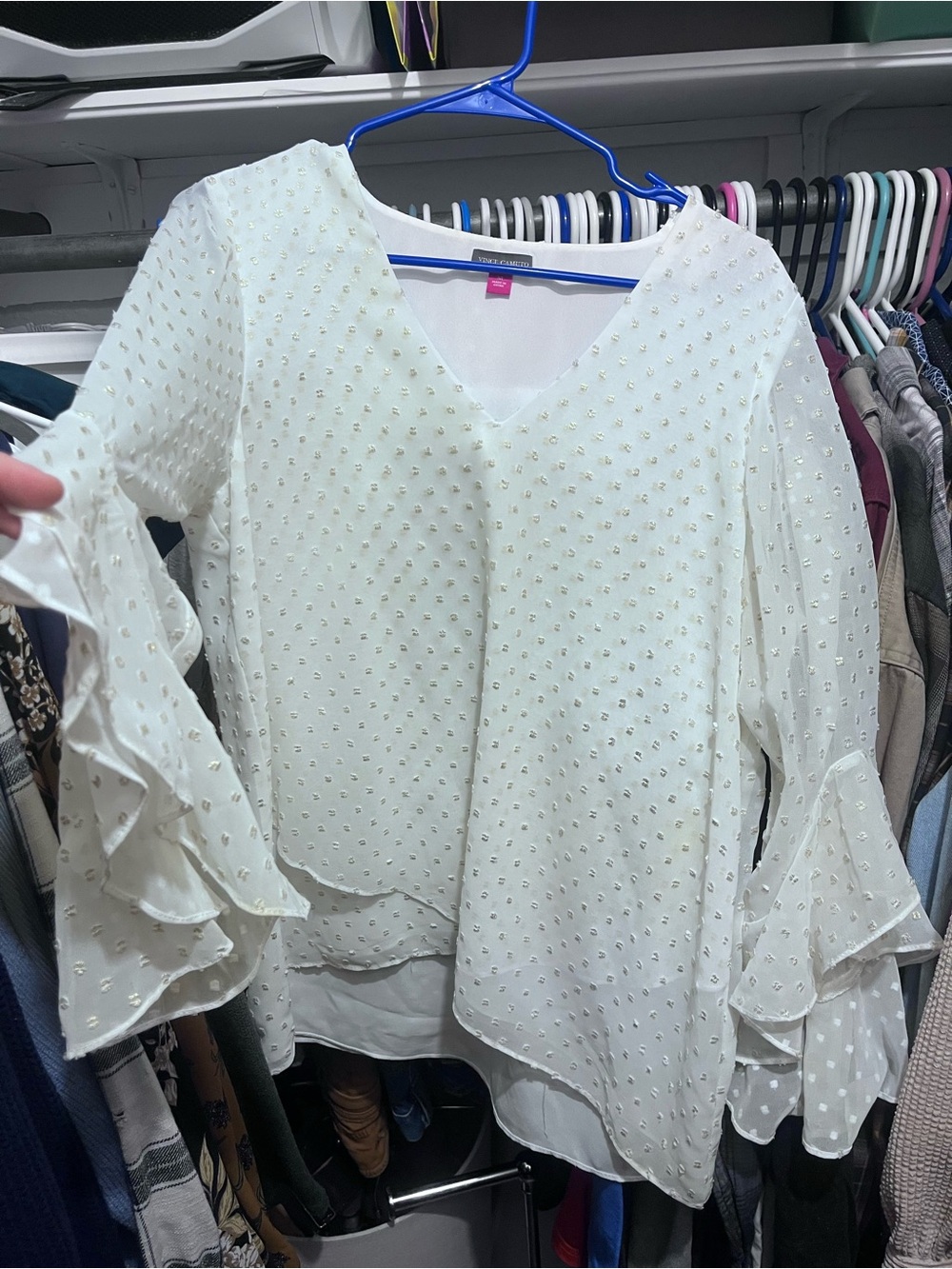 Vince Camuto Vince Camuto Metallic Clip Dot Flutter Sleeve Blouse